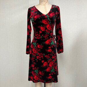 EUC Vintage 2000s Y2K Velvet Floral Rose Faux Wrap Black Dress Size XS